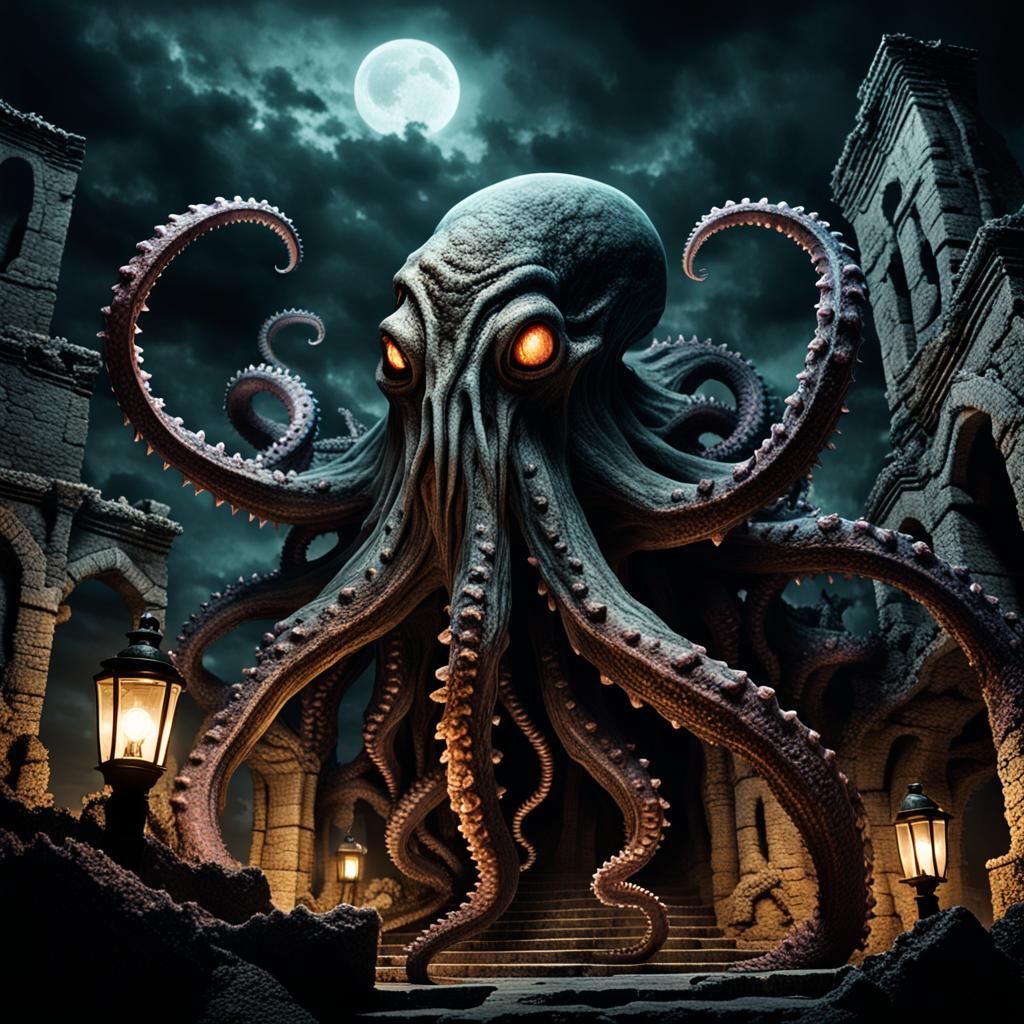 Tentacled Horror Emerges from Cyclopean Ruins in Dark, Surre...