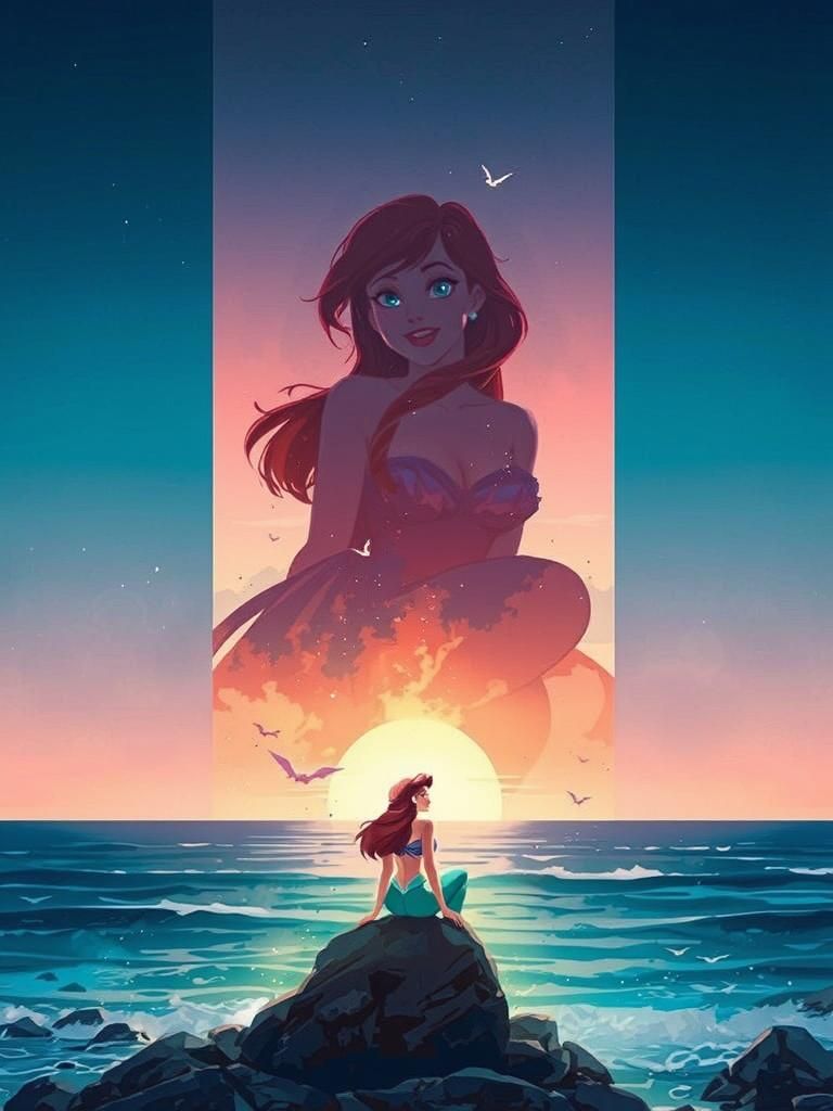 Ariel Silhouette Beach Scene in Double Exposure Poster Art