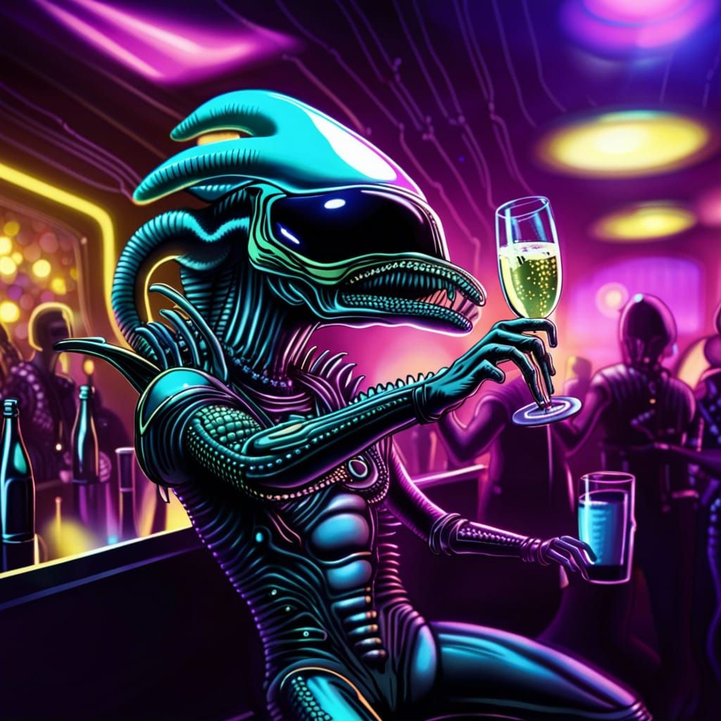 Cosmic Xenomorph Sways to Disco in a Neon Nightclub