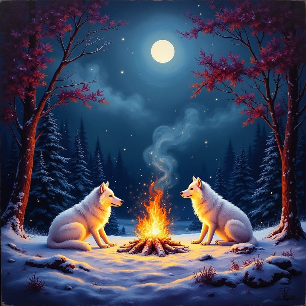 Hyper-Realistic Winter Scene: White Wolf and Cubs by the Cam...