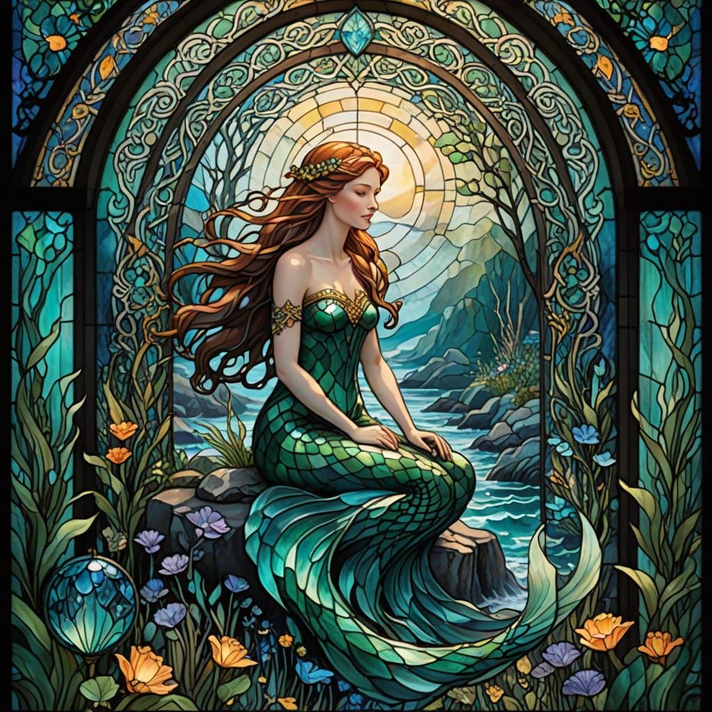 Ethereal Mermaid Emerges from Celtic Woods in Stained Glass ...