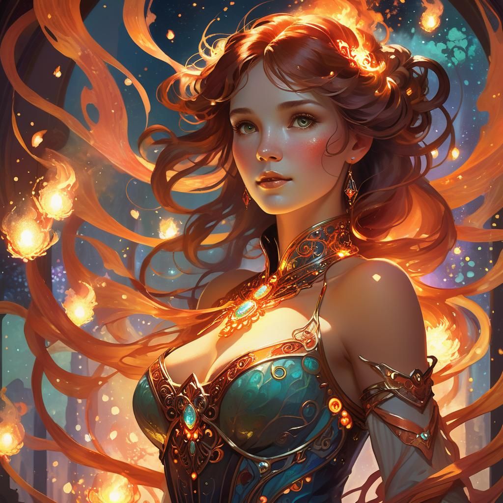 Fiery Figure Emerges from the Earth in Vibrant Art Nouveau S...