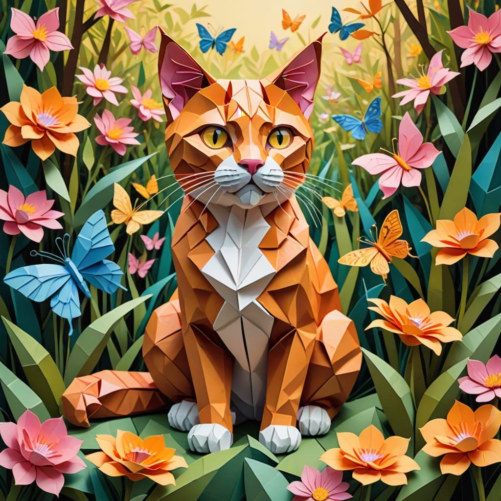 Origami Cat in Sunlit Clearing with Butterfly