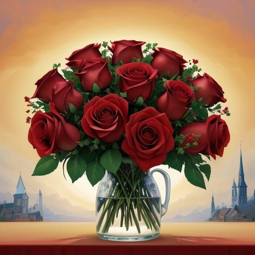 Surreal Roses with Village Spires, Oil Painting