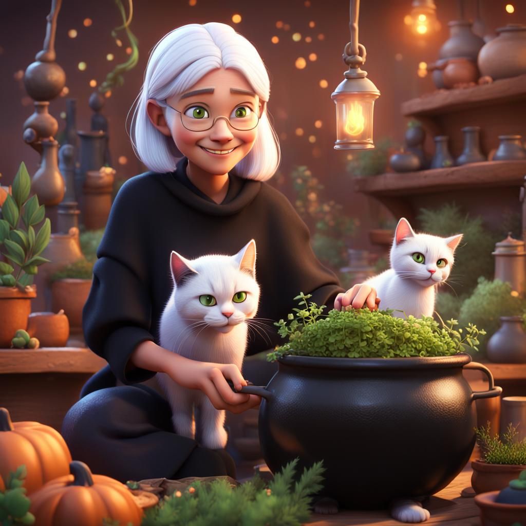 Adorable White Witch with Cats and Magical Herbs