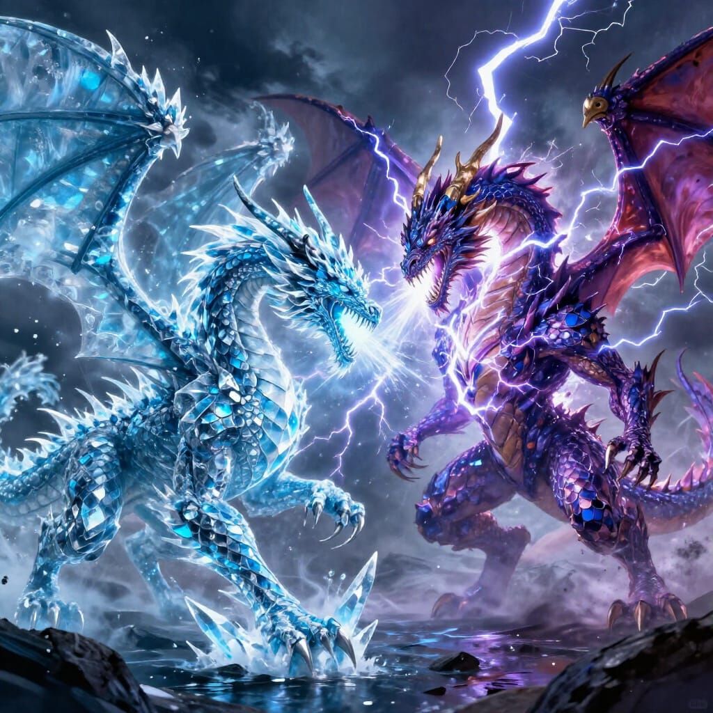 Epic Ice Dragon Battles Lightning Dragon in Stormy Landscape