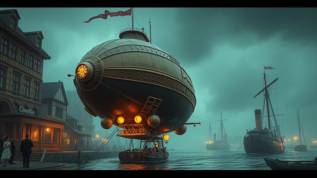 Steampunk Scene in a Victorian Harbor with Grand Airship