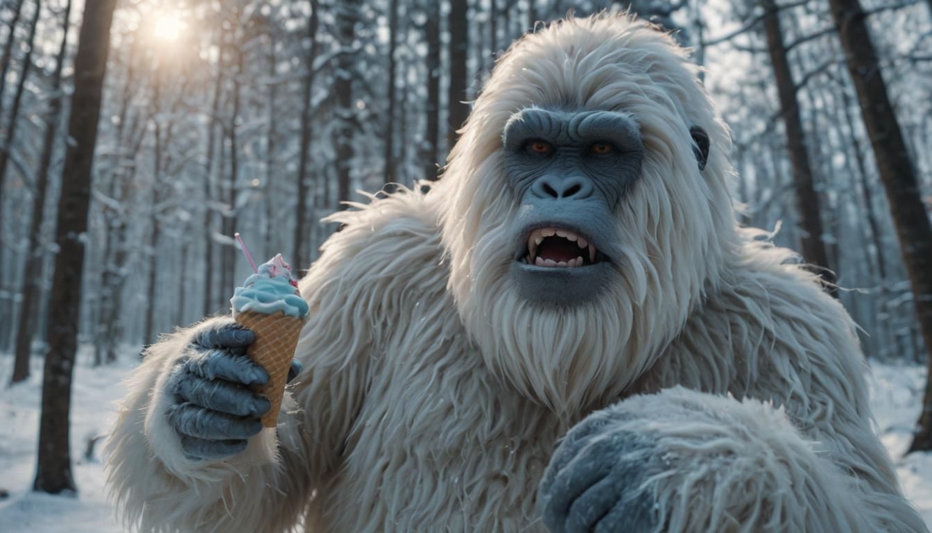 Yeti Savors Ice Cream in Snowy Solitude
