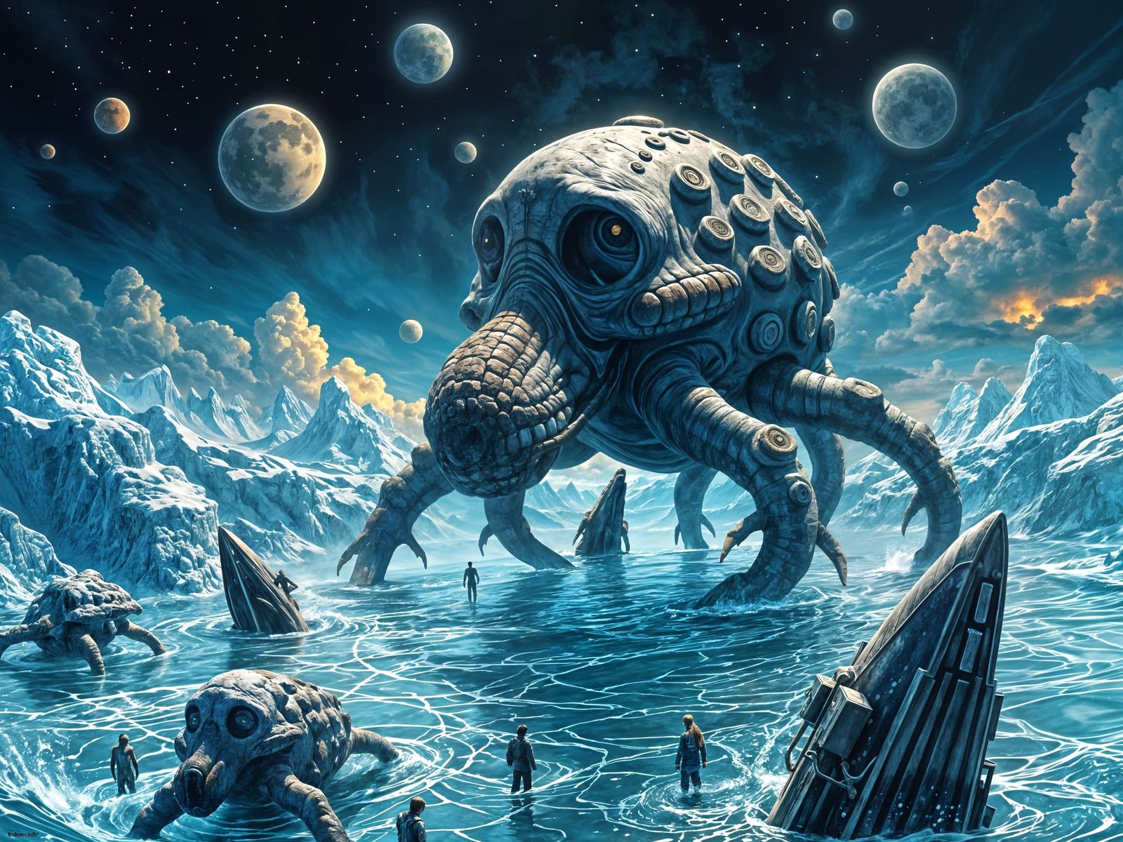 Cyberpunk Giants in a Frozen Exoplanet Landscape