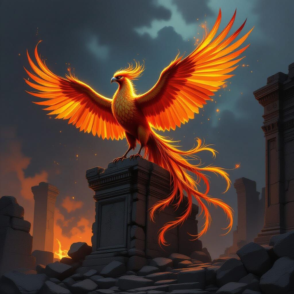 Majestic Phoenix Atop Ruins in Dramatic Chiaroscuro