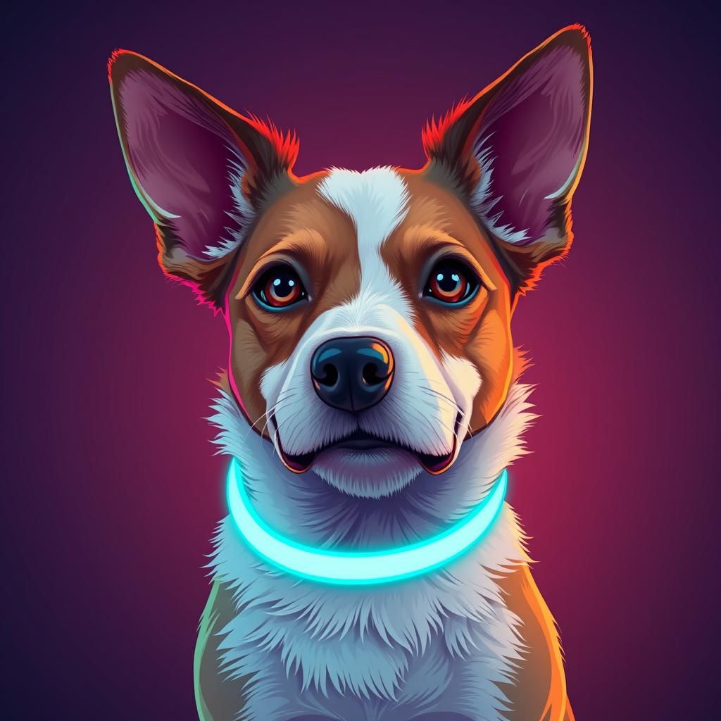 A jack russell terrier wearing a cyan glow stick necklace