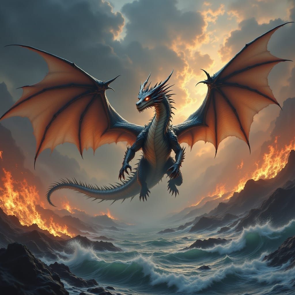 Majestic Dragon Flying Over Fiery Waters