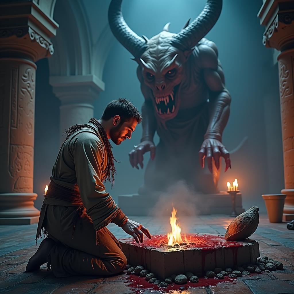 Man Offers Life to Bloody Demon in Dark, Mystical Chamber
