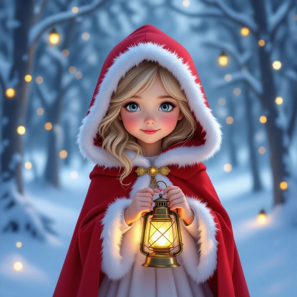 Girl in Red Cape with Lantern in Snowy Forest