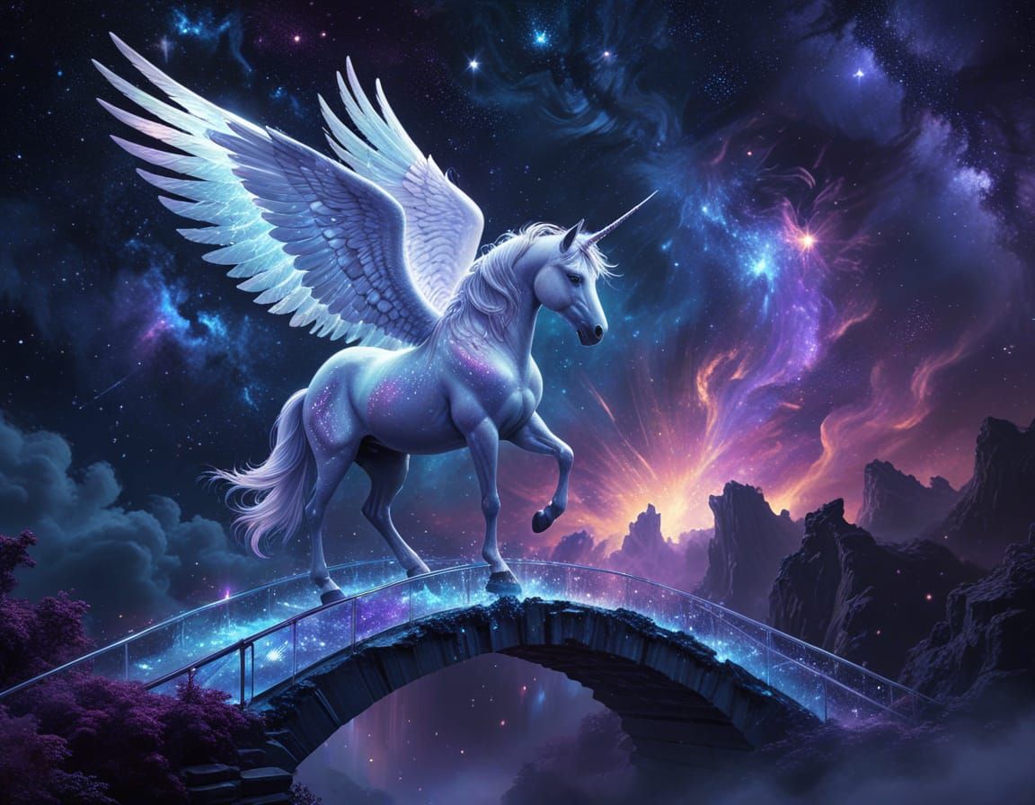 Majestic Unicorn on Crystal Bridge Under Nebula Sky