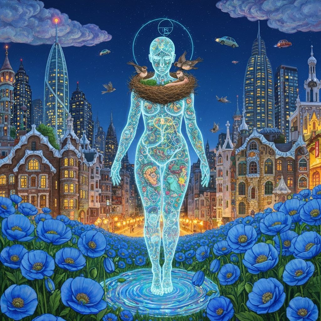 Blue Man in Poppy Field with Energy Lines