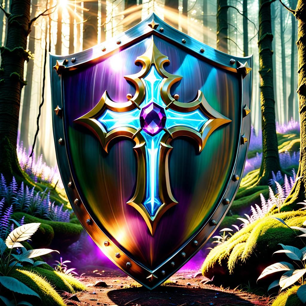Ethereal Shield of a Medieval Knight in Enchanted Forest