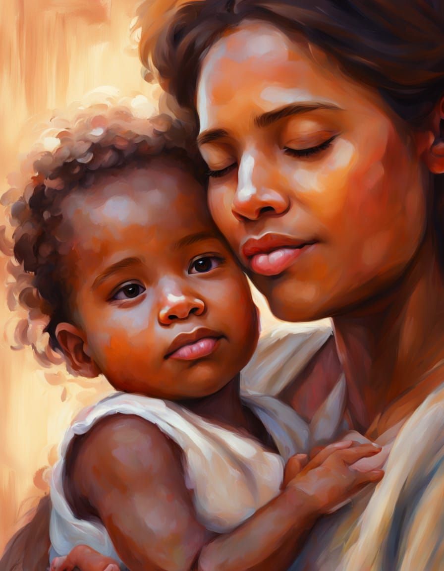 Breastfeeding Mother and Child in Oil Painting Style