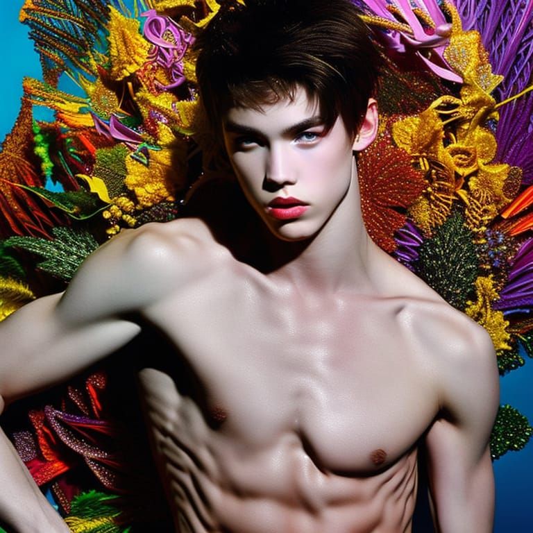 Sculpted Male Warrior in Vibrant Fantasy Landscape