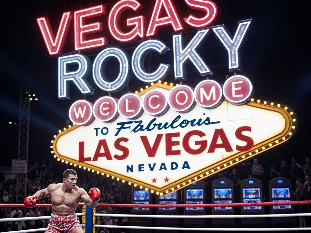 Vibrant Las Vegas Sign Scene with Boxing Ring and Neon Light...