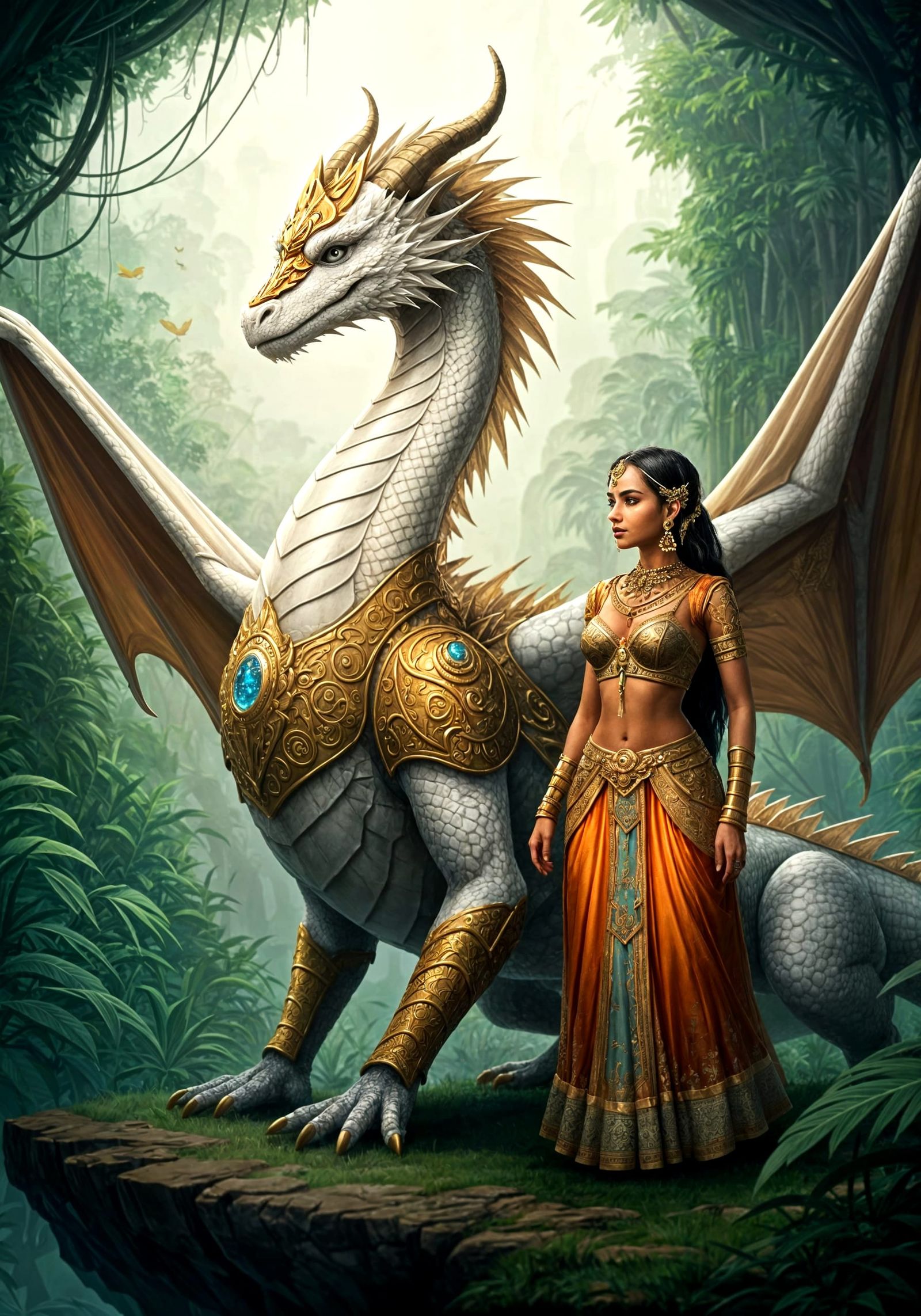Ethereal Princess and Dragon Unite in Vibrant Jungle
