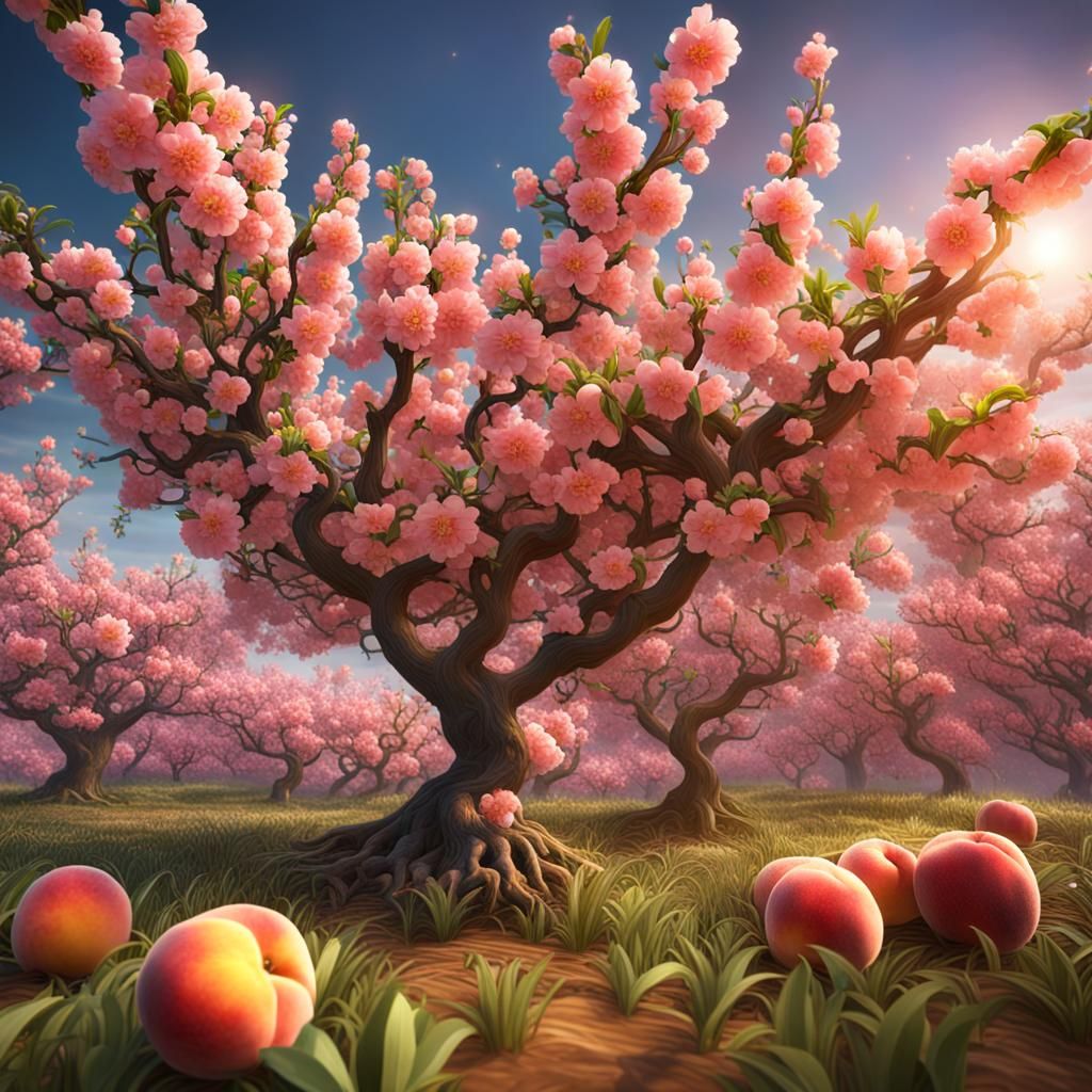 Vibrant Peach Tree Fantasy Landscape