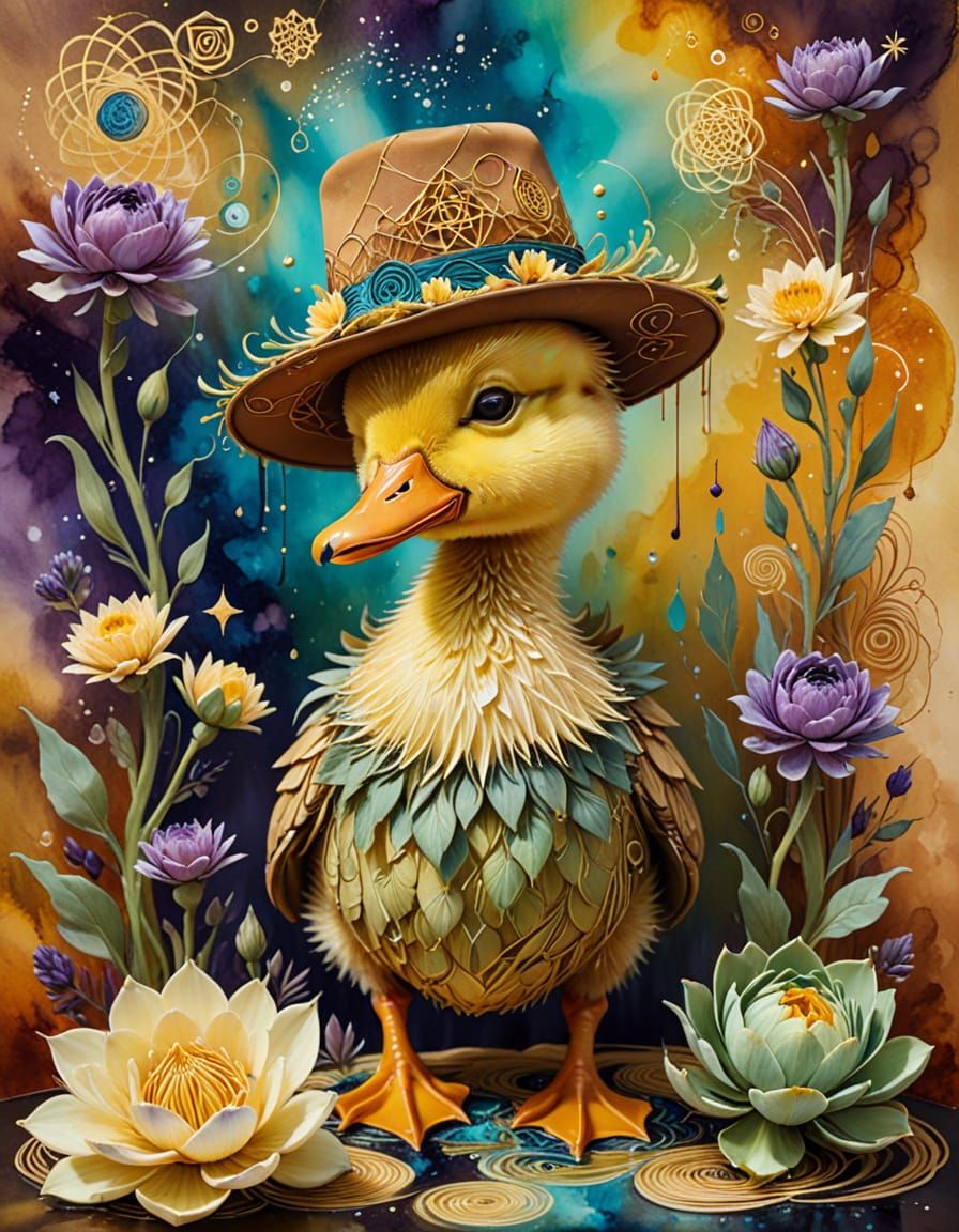 Surreal Duckling Wears Artichoke Hat in Abstract Floral Scen...