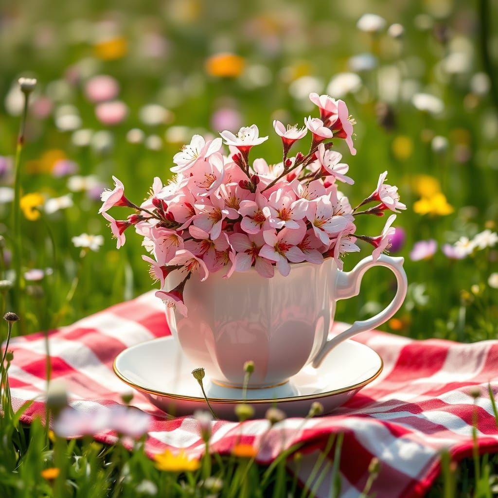 Delicate Cherry Blossom Teacup in Watercolor Style