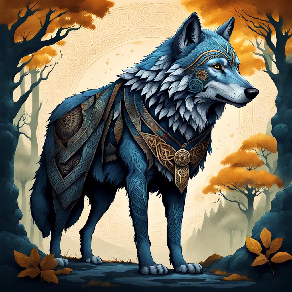 Fantastical Wolf in Celtic Tribal Patterns Oil Art