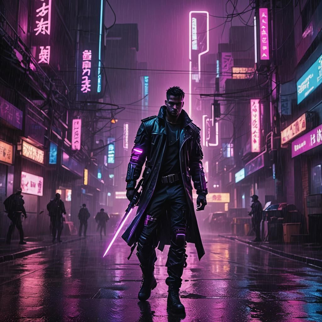 Cyberpunk Warrior in Neon Noir City