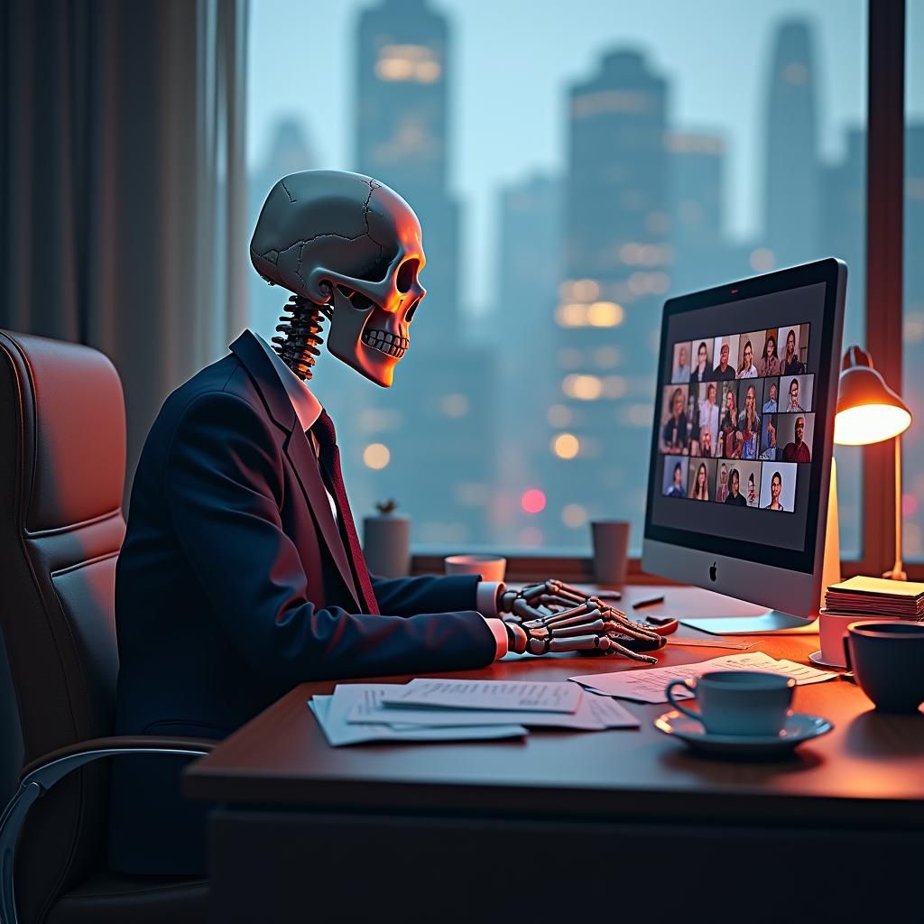 Suited Skeleton Holds Virtual Office Meeting