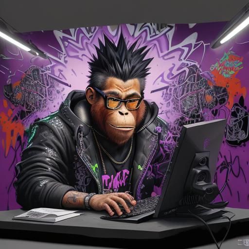 Hyperdetailed Graffiti Street Art of Nerdy Orangutan Typist