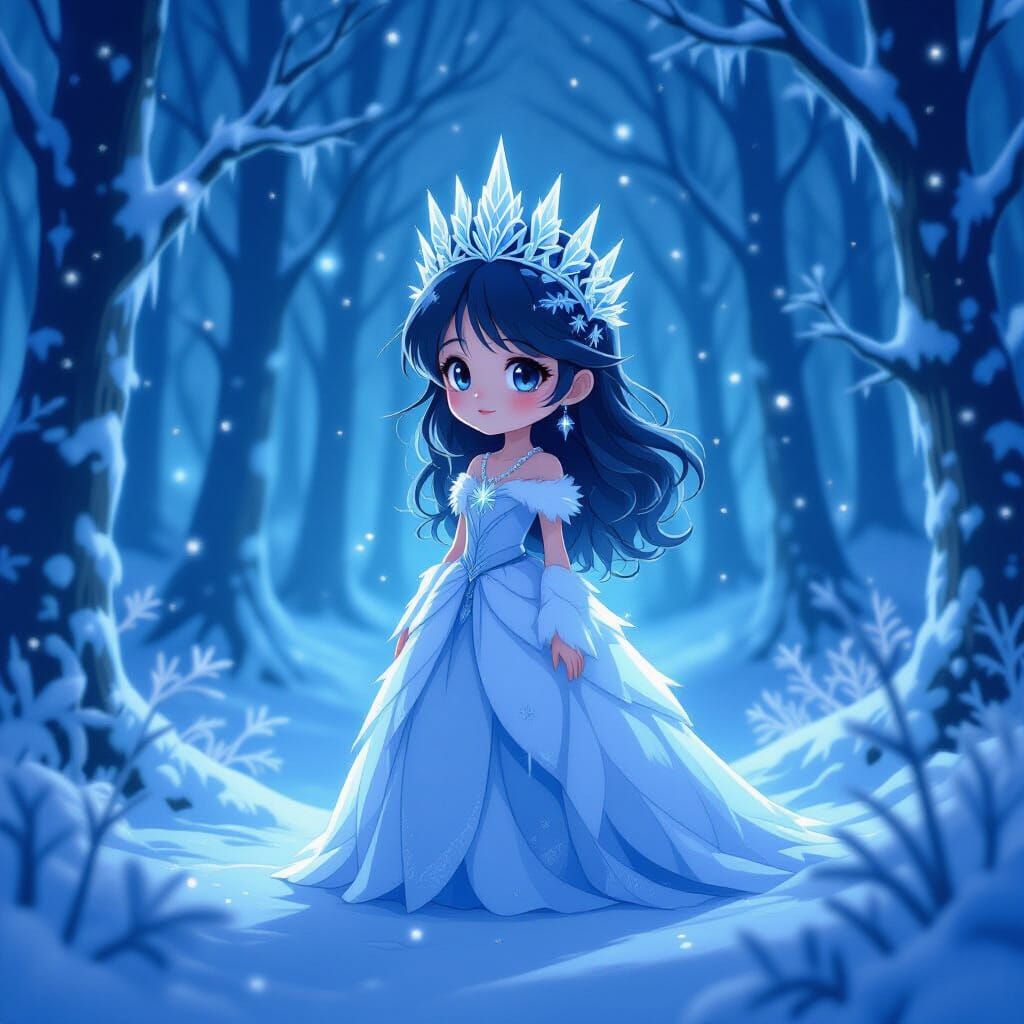 Whimsical Frost Maiden in Ethereal Forest