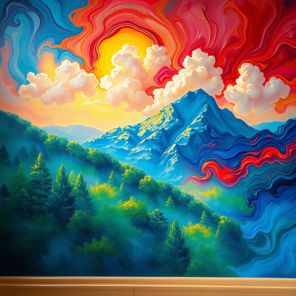 Whirlwind of Blue and Red Paints in Emerald Forest