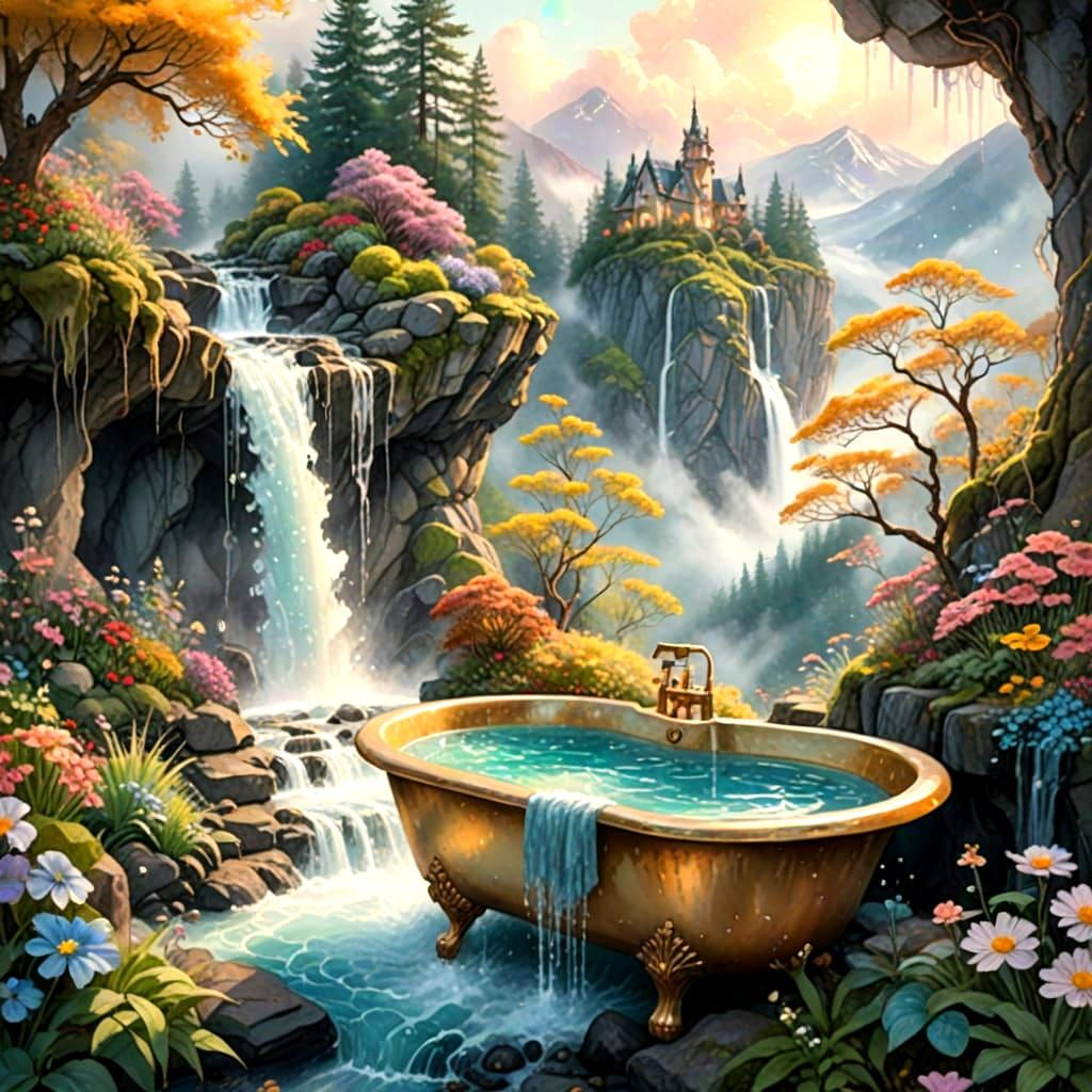 Waterfall Bathtub on Mountain Peak, Watercolor Style