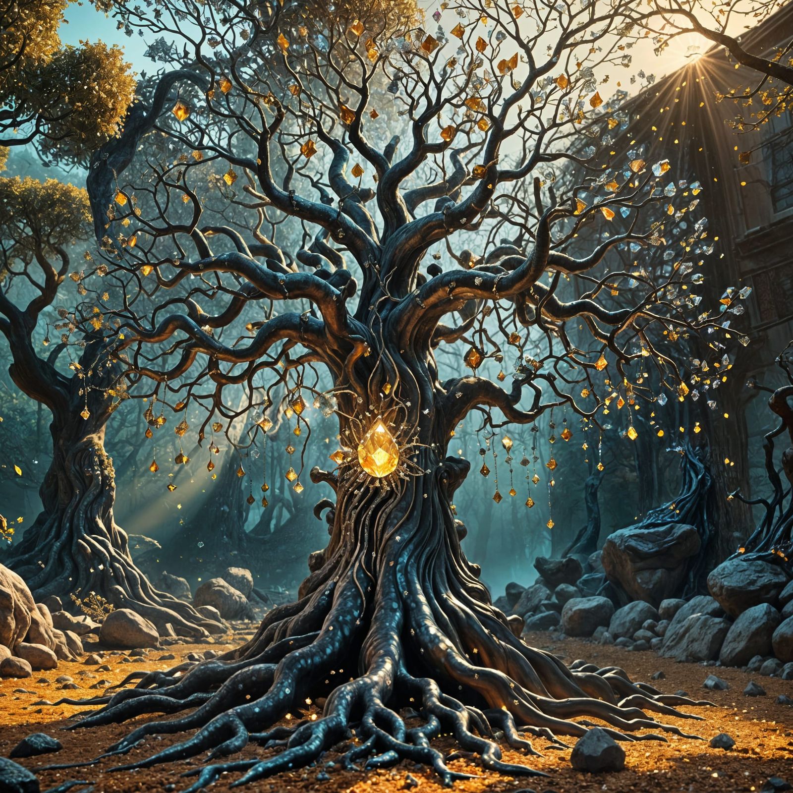 Majestic Magical Tree in Surrealist Style with Luminous Crys...