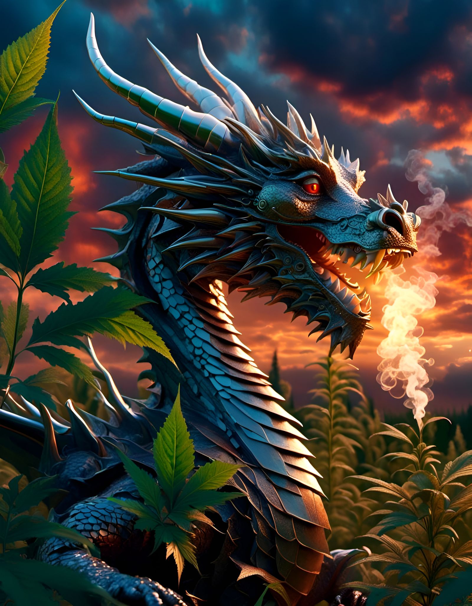 Ethereal Dragon in a Field of Marijuana at Sunset