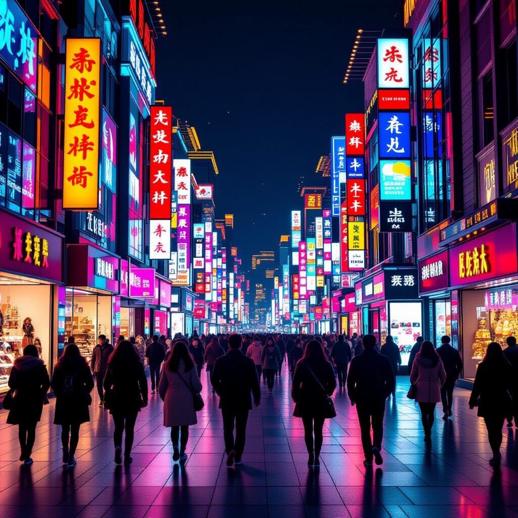Wangfujing Street at Night: A Neon-Lit Urban Scene