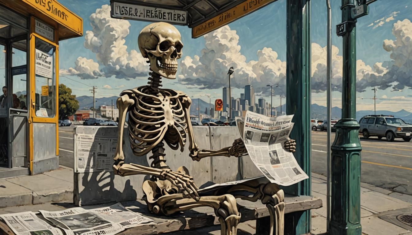 reading a newspaper at a bus stop