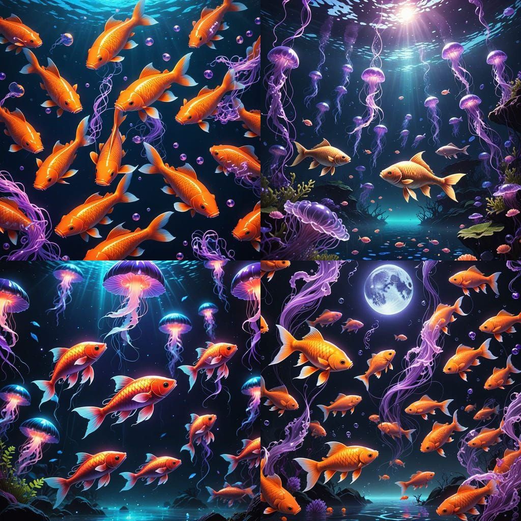 Enchanting Anime Underwater Scene with Orange Carp and Glowi...
