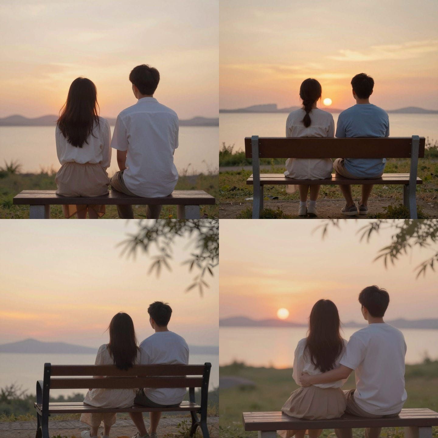 Couple Watches Sunset on Bench in Gentle Painterly Style