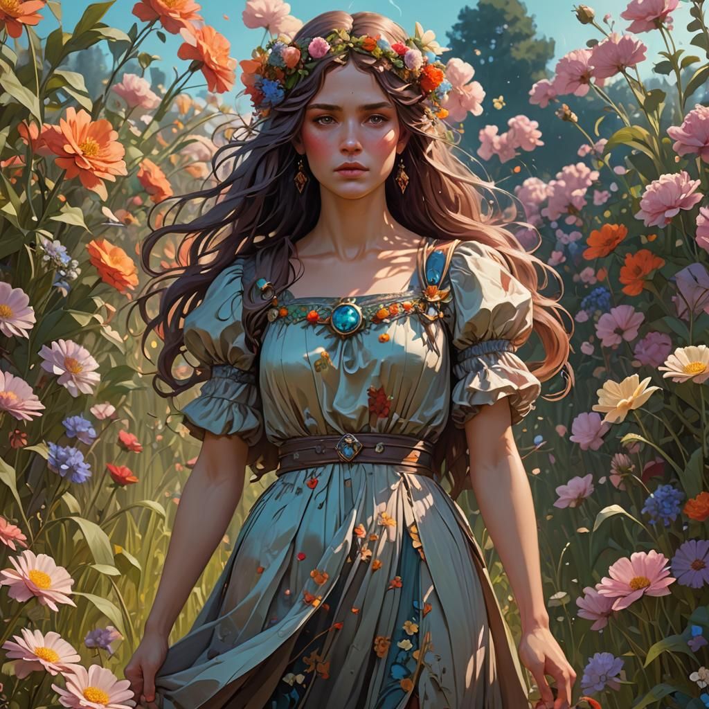 Persephone standing in a field, surrounded by flowers, waiti...