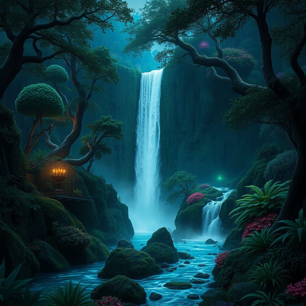Bioluminescent Jungle Oasis in Detailed Matte Painting Style