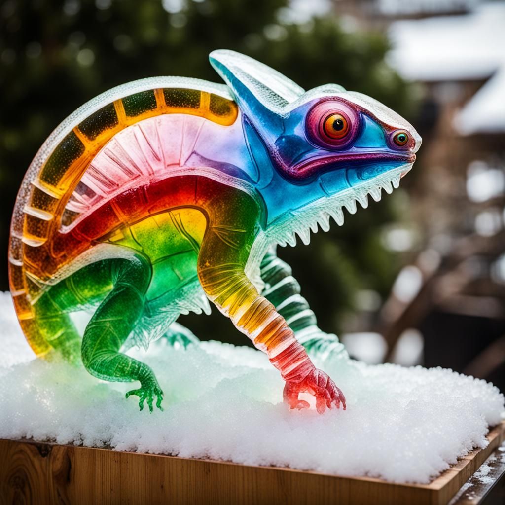 Vibrant Ice Chameleon Sculpture
