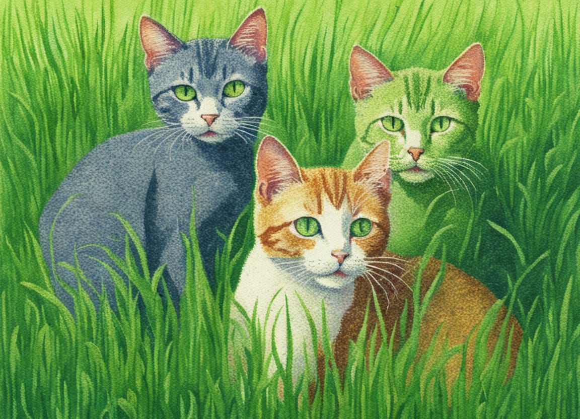 Cat Family in Grass, Pointillism Style