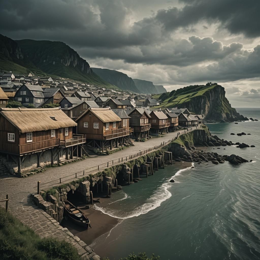 Charming Seaside Village Under Dramatic Skies