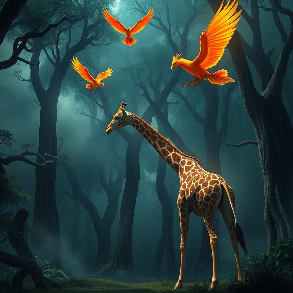 Giraffe in Mystical Dark Forest, Anime Style