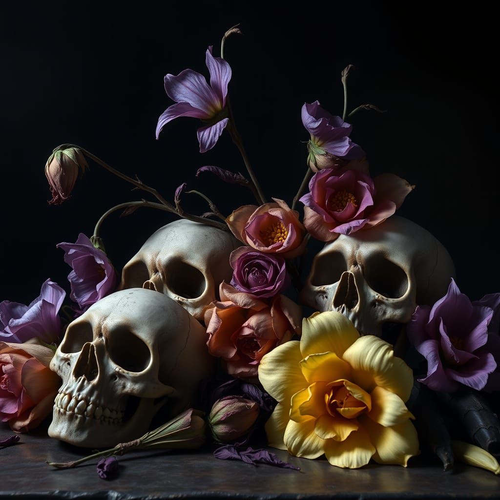 Macabre Still Life With Skulls and Flowers in Baroque Style