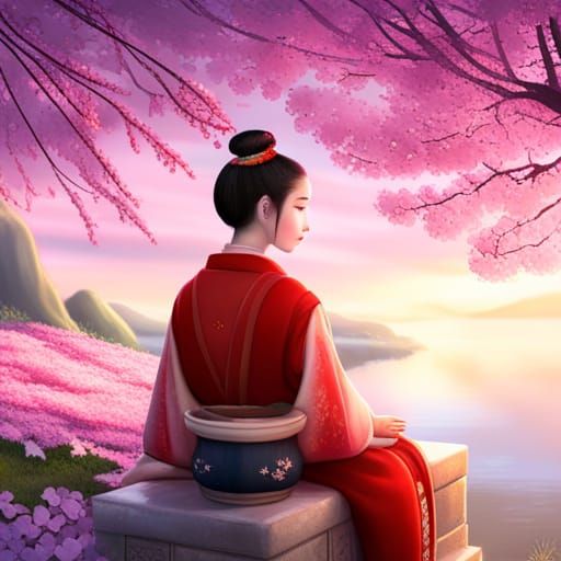 Geisha Watching Koi Under Sakura Tree