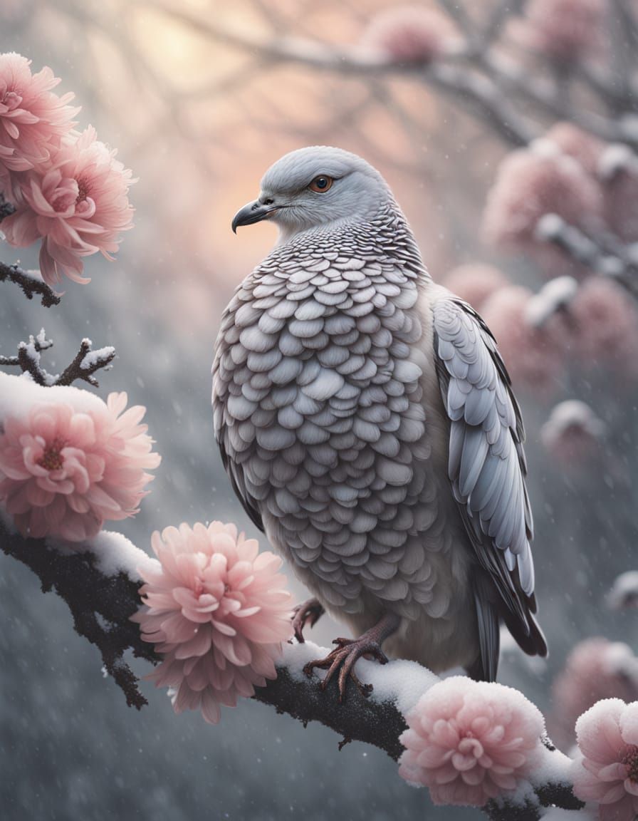Ethereal Dove in Snowy Sunrise Landscape